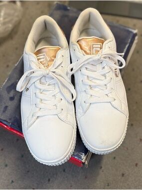 Fila White Sneakers with Metallic Rose Accents